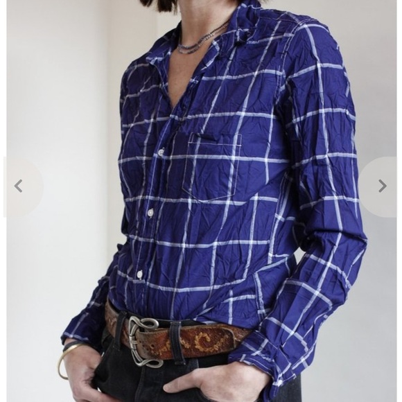 Frank & Eileen Barry Blue Plaid Cotton Button Down Crinkle Shirt Size XS - Picture 10 of 11